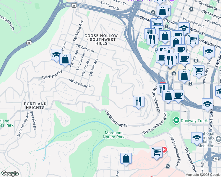 map of restaurants, bars, coffee shops, grocery stores, and more near 1124 Southwest Myrtle Drive in Portland