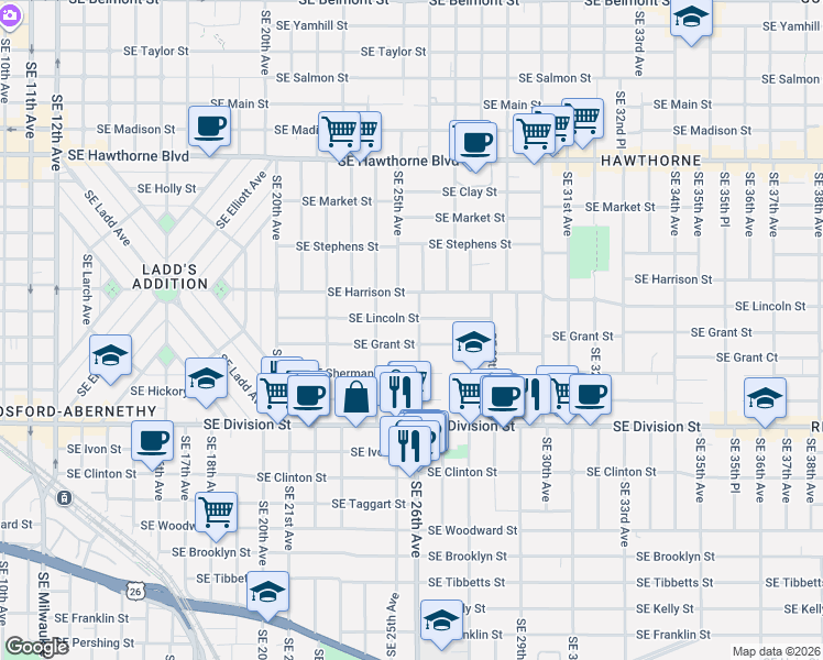 map of restaurants, bars, coffee shops, grocery stores, and more near 2115 Southeast 26th Avenue in Portland