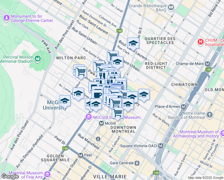 map of restaurants, bars, coffee shops, grocery stores, and more near in Montreal