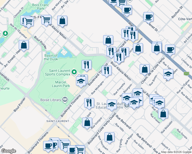 map of restaurants, bars, coffee shops, grocery stores, and more near 2300 Thimens Boulevard in Montreal