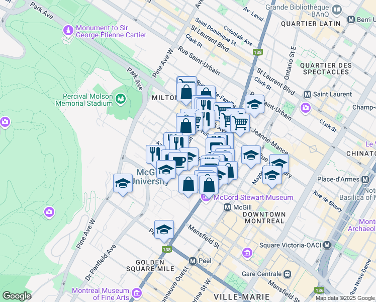 map of restaurants, bars, coffee shops, grocery stores, and more near Aylmer Street in Montreal