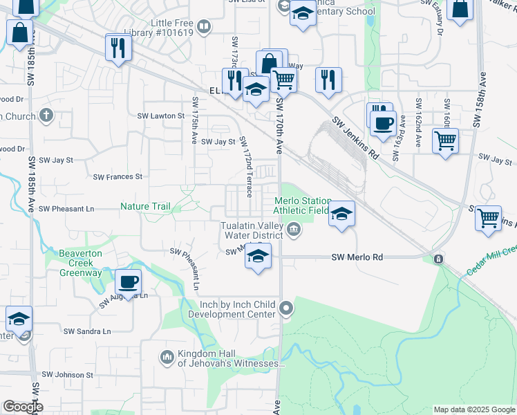 map of restaurants, bars, coffee shops, grocery stores, and more near 1721 Southwest 171st Terrace in Beaverton