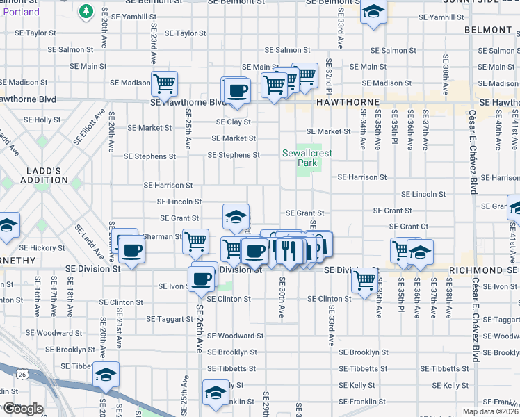 map of restaurants, bars, coffee shops, grocery stores, and more near 2117 Southeast 29th Avenue in Portland