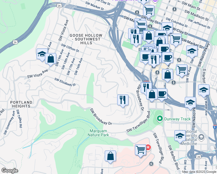 map of restaurants, bars, coffee shops, grocery stores, and more near 1111 Southwest Myrtle Drive in Portland