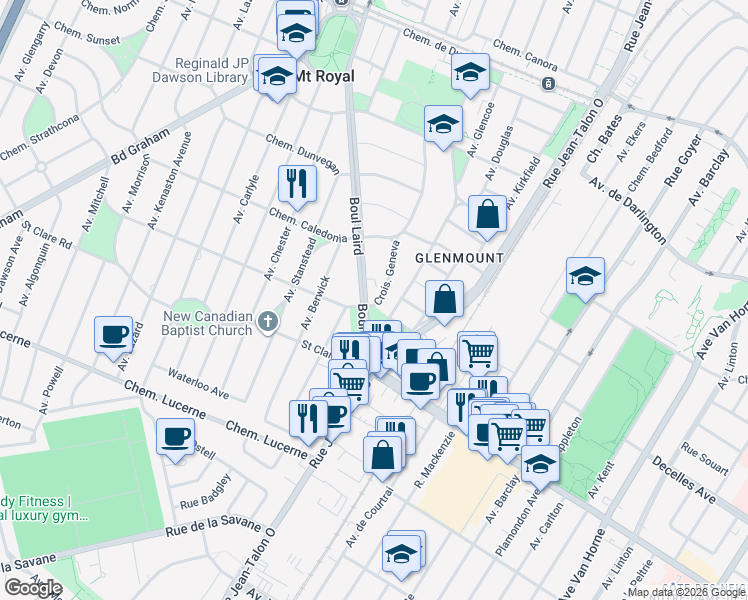 map of restaurants, bars, coffee shops, grocery stores, and more near 220 Boulevard Laird in Mont-Royal