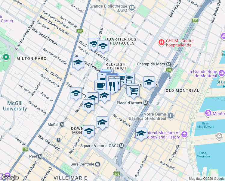 map of restaurants, bars, coffee shops, grocery stores, and more near 150 Rue Sainte-Catherine Ouest in Montréal