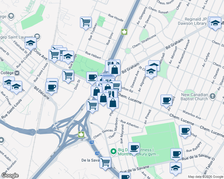 map of restaurants, bars, coffee shops, grocery stores, and more near in Mount Royal