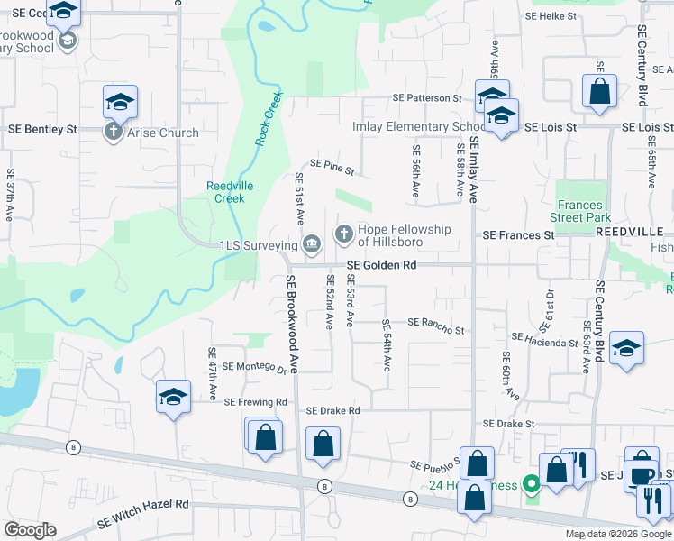 map of restaurants, bars, coffee shops, grocery stores, and more near 1680 Southeast 52nd Avenue in Hillsboro