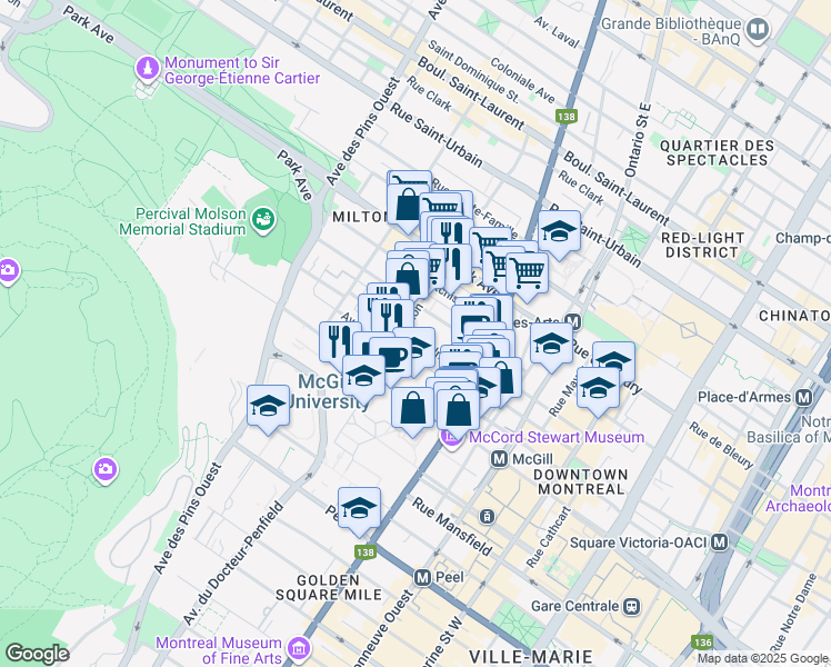 map of restaurants, bars, coffee shops, grocery stores, and more near 3481 Rue Aylmer in Montréal
