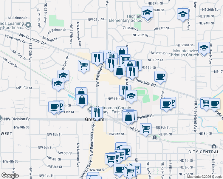 map of restaurants, bars, coffee shops, grocery stores, and more near 140 Northwest 14th Place in Gresham