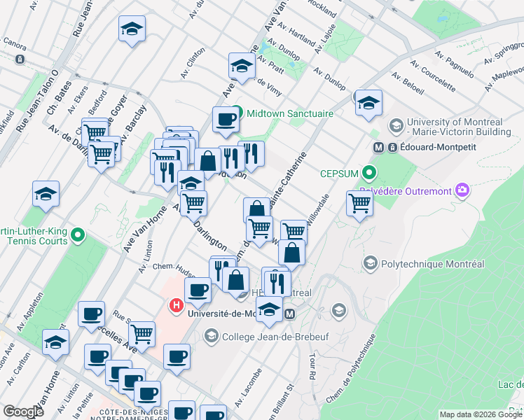 map of restaurants, bars, coffee shops, grocery stores, and more near 2605 Chemin de la Côte-Sainte-Catherine in Montréal