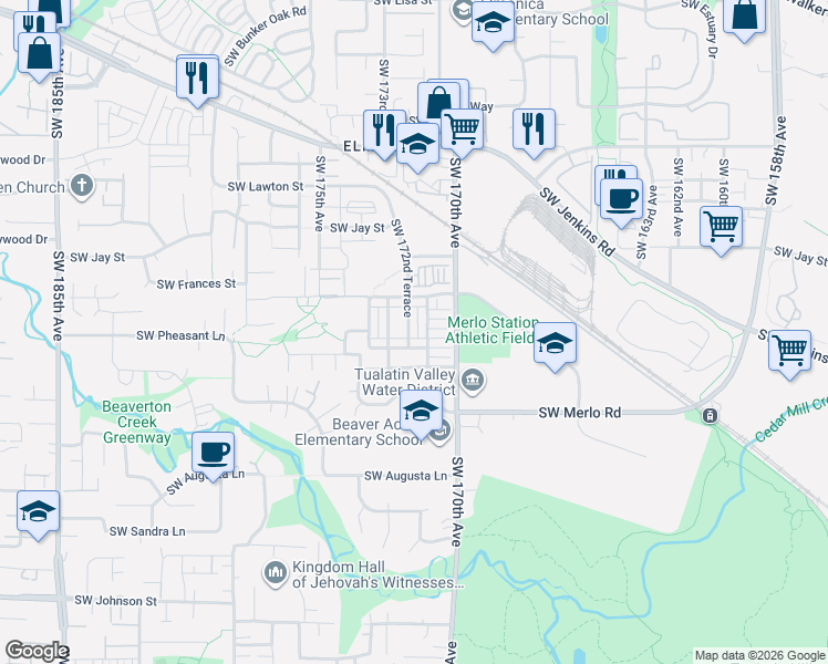 map of restaurants, bars, coffee shops, grocery stores, and more near 1706 Southwest 172nd Terrace in Beaverton