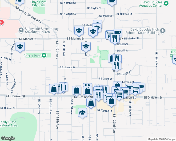 map of restaurants, bars, coffee shops, grocery stores, and more near 2156 Southeast 117th Avenue in Portland