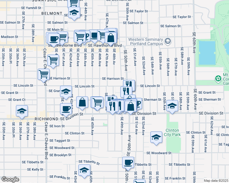 map of restaurants, bars, coffee shops, grocery stores, and more near 2222 Southeast 48th Avenue in Portland