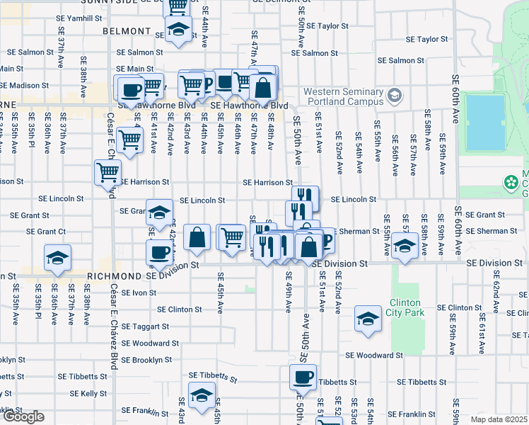 map of restaurants, bars, coffee shops, grocery stores, and more near 2222 Southeast 48th Avenue in Portland