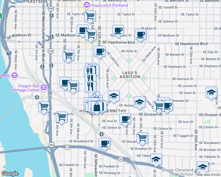 map of restaurants, bars, coffee shops, grocery stores, and more near 1332 Southeast Birch Street in Portland