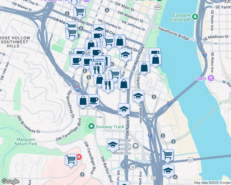 map of restaurants, bars, coffee shops, grocery stores, and more near 1309 Southwest 1st Avenue in Portland