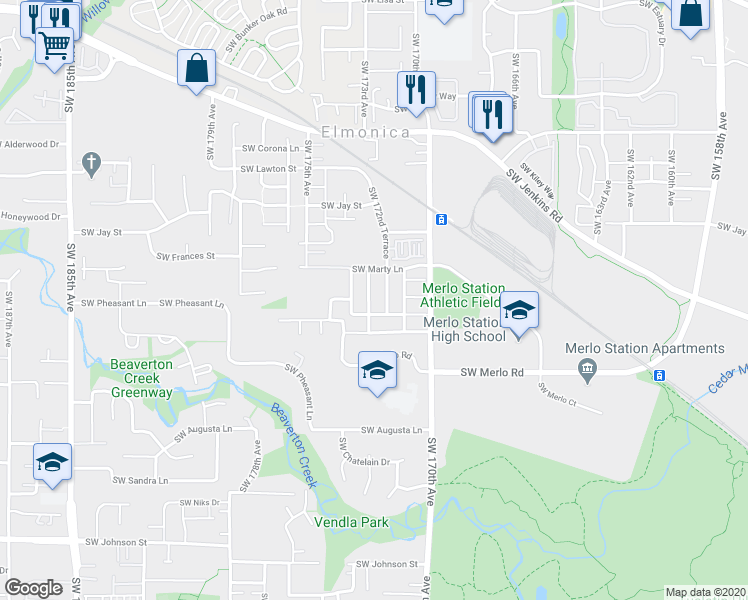 map of restaurants, bars, coffee shops, grocery stores, and more near 17246 Southwest Pleasanton Lane in Beaverton