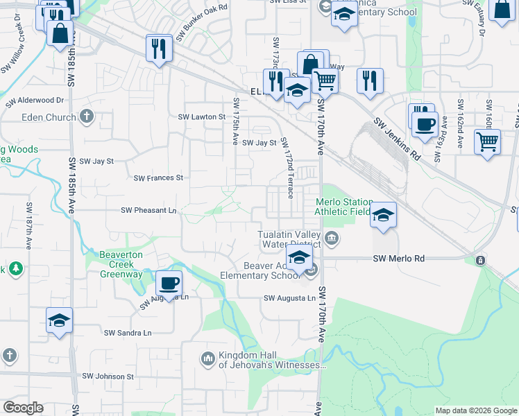 map of restaurants, bars, coffee shops, grocery stores, and more near 17399 Southwest Beaver Court in Beaverton