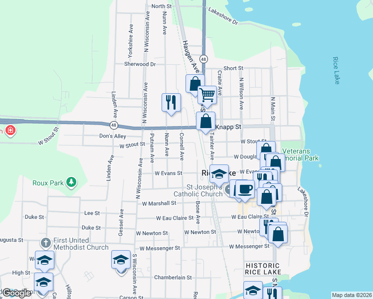 map of restaurants, bars, coffee shops, grocery stores, and more near 407 West Douglas Street in Rice Lake