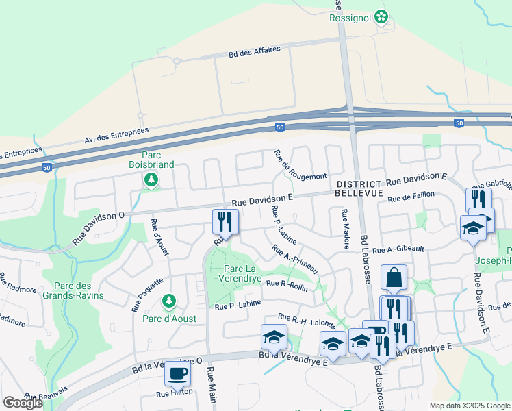 map of restaurants, bars, coffee shops, grocery stores, and more near 246 Rue Davidson Est in Gatineau