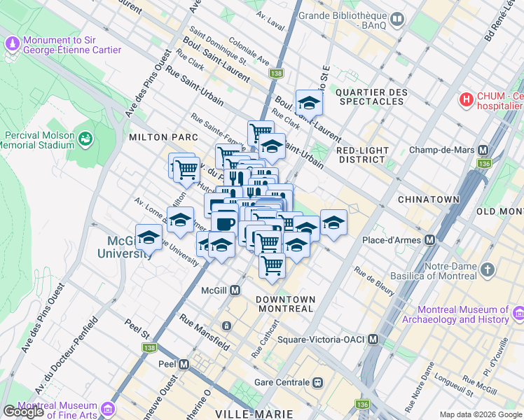 map of restaurants, bars, coffee shops, grocery stores, and more near 2050 Rue de Bleury in Montréal
