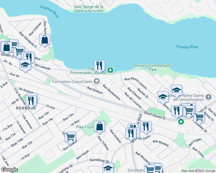 map of restaurants, bars, coffee shops, grocery stores, and more near 45 Rue Deslauriers in Montréal