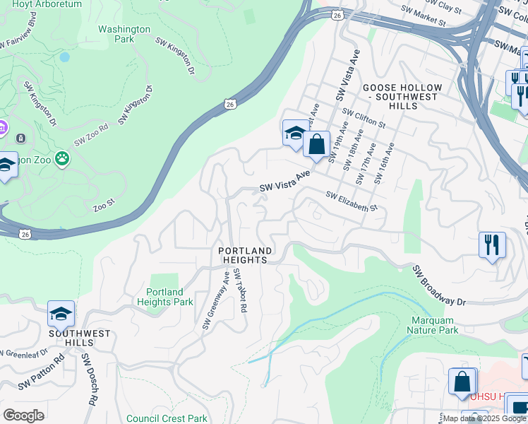 map of restaurants, bars, coffee shops, grocery stores, and more near Southwest Hillcrest Place in Portland