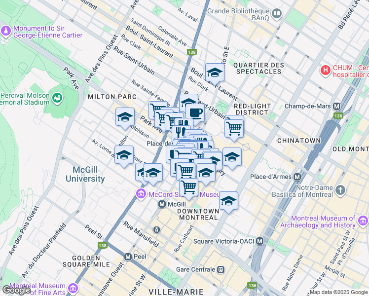 map of restaurants, bars, coffee shops, grocery stores, and more near 2050 Rue de Bleury in Montréal