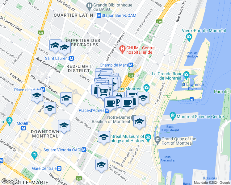 map of restaurants, bars, coffee shops, grocery stores, and more near 1 Avenue Viger Ouest in Montréal