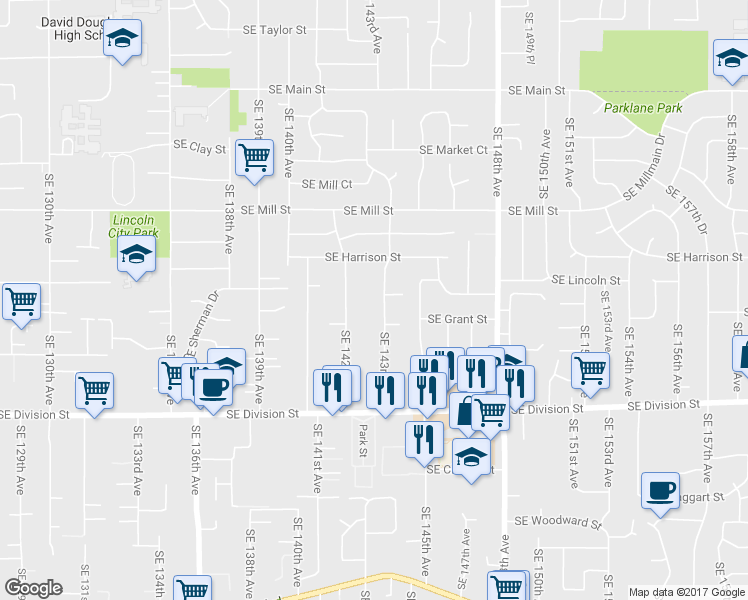 map of restaurants, bars, coffee shops, grocery stores, and more near 2105 Southeast 143rd Avenue in Portland
