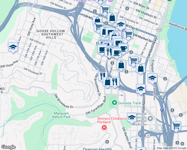 map of restaurants, bars, coffee shops, grocery stores, and more near 2216 Southwest Elevator Saint Walk in Portland