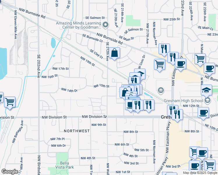 map of restaurants, bars, coffee shops, grocery stores, and more near 1112 Northwest 15th Street in Gresham