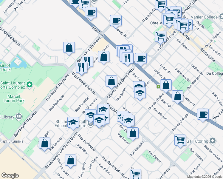 map of restaurants, bars, coffee shops, grocery stores, and more near 2127 Boulevard de la Côte-Vertu in Montréal