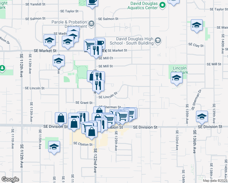 map of restaurants, bars, coffee shops, grocery stores, and more near 12420 Southeast Lincoln Street in Portland