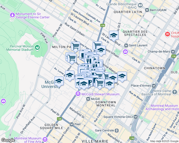 map of restaurants, bars, coffee shops, grocery stores, and more near 390 Rue Sherbrooke Ouest in Montréal