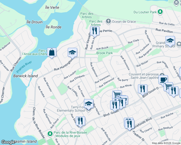map of restaurants, bars, coffee shops, grocery stores, and more near 5133 Avenue de Versailles in Montréal