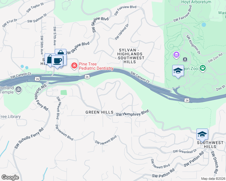 map of restaurants, bars, coffee shops, grocery stores, and more near 4830 Southwest Humphrey Park Crest in Portland