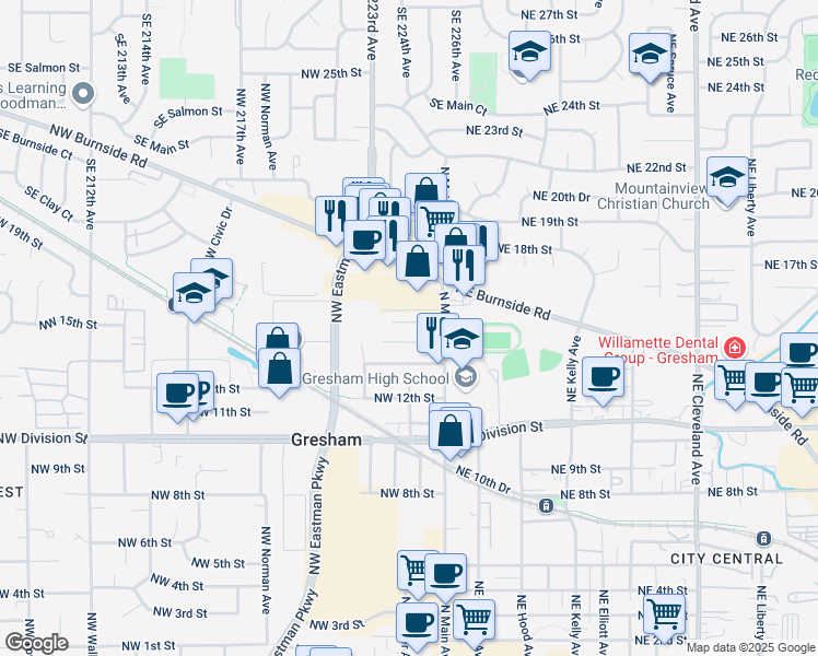 map of restaurants, bars, coffee shops, grocery stores, and more near 140 Northwest 14th Place in Gresham
