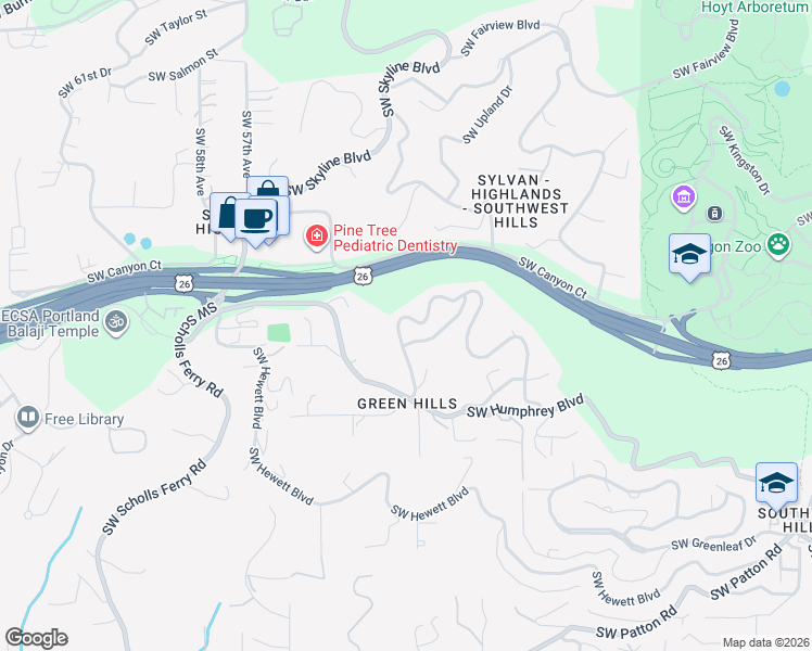 map of restaurants, bars, coffee shops, grocery stores, and more near 5004 Southwest Humphrey Park Road in Portland