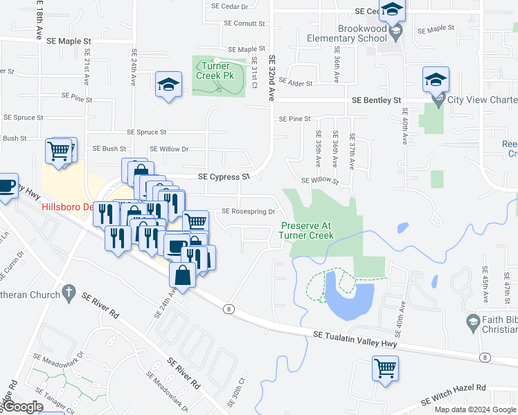 map of restaurants, bars, coffee shops, grocery stores, and more near 3133 Southeast Rosespring Drive in Hillsboro