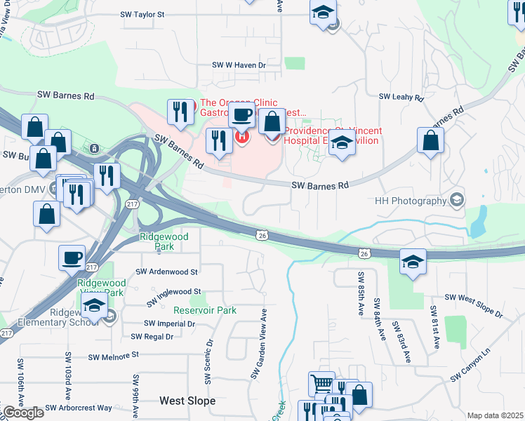 map of restaurants, bars, coffee shops, grocery stores, and more near 9042 Southwest Monterey Place in Portland