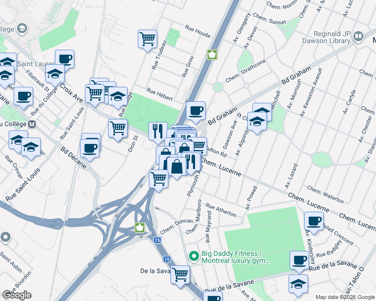 map of restaurants, bars, coffee shops, grocery stores, and more near 2375 Chemin Lucerne in Mont-Royal