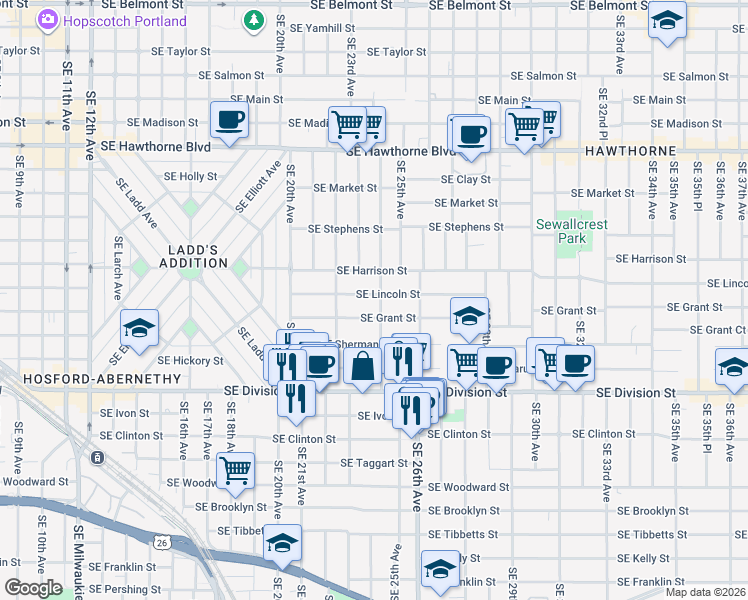 map of restaurants, bars, coffee shops, grocery stores, and more near 2207 Southeast 24th Avenue in Portland