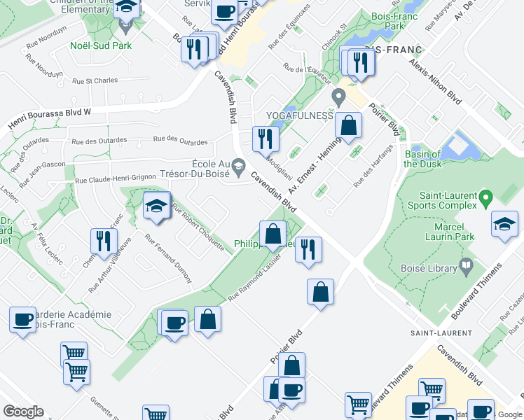 map of restaurants, bars, coffee shops, grocery stores, and more near 3035 Avenue Ernest - Hemingway in Montréal
