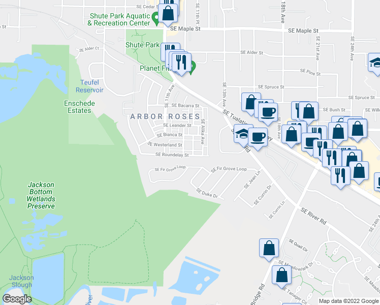 map of restaurants, bars, coffee shops, grocery stores, and more near 1237 Southeast Roundelay Street in Hillsboro