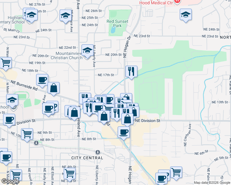 map of restaurants, bars, coffee shops, grocery stores, and more near 1616 Northeast 16th Way in Gresham