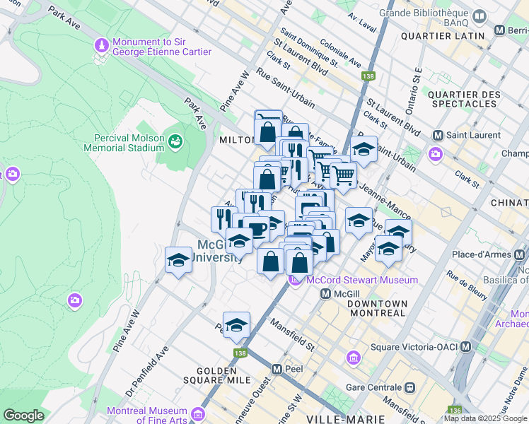 map of restaurants, bars, coffee shops, grocery stores, and more near Rue Milton & Rue Aylmer in Montréal