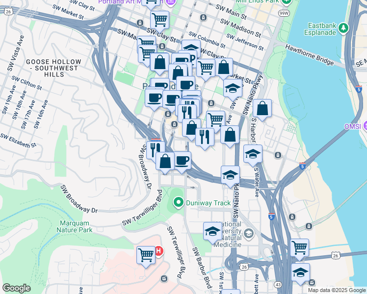 map of restaurants, bars, coffee shops, grocery stores, and more near 2121 Southwest 4th Avenue in Portland