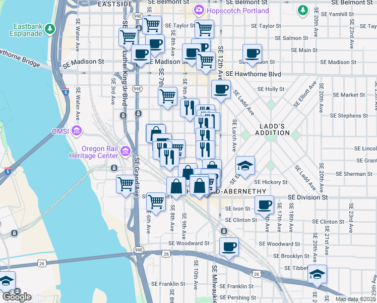 map of restaurants, bars, coffee shops, grocery stores, and more near 2220 Southeast 9th Avenue in Portland
